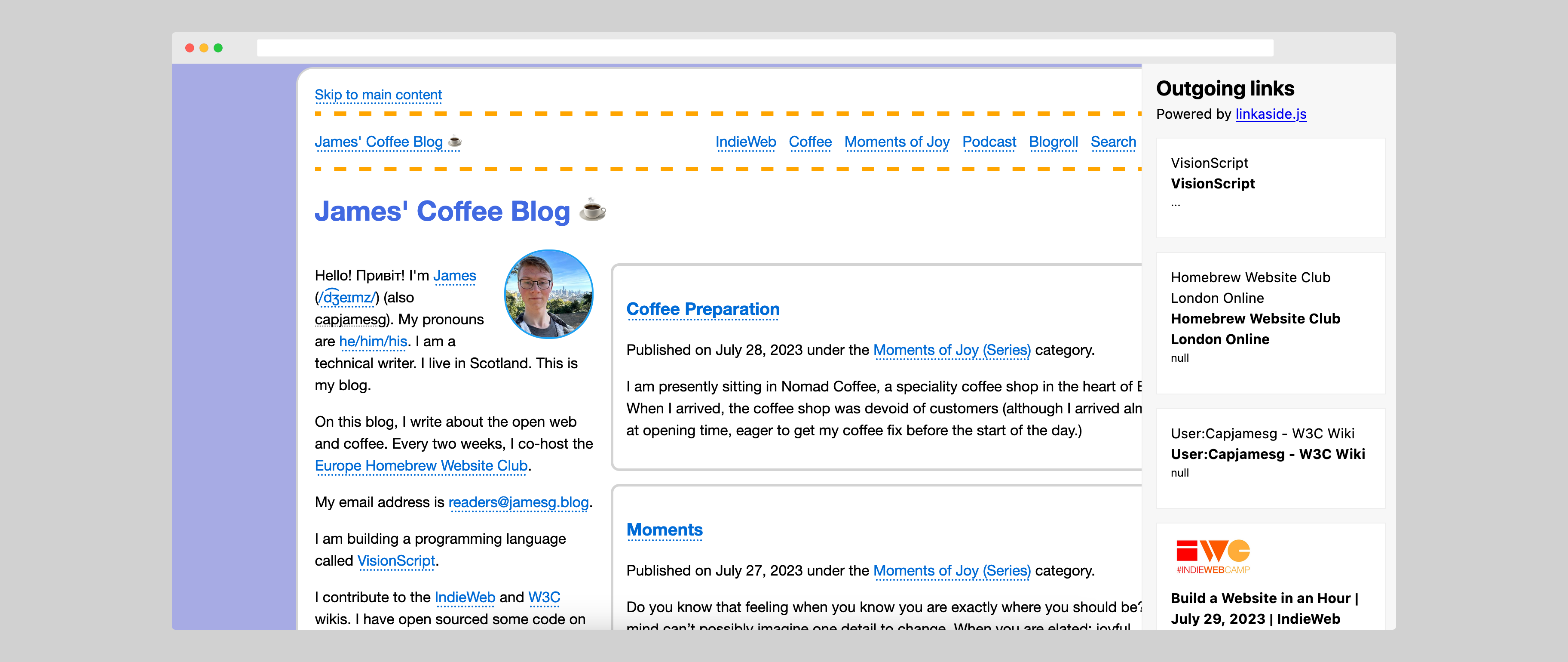 Screenshot of webmemex.js in use on jamesg.blog